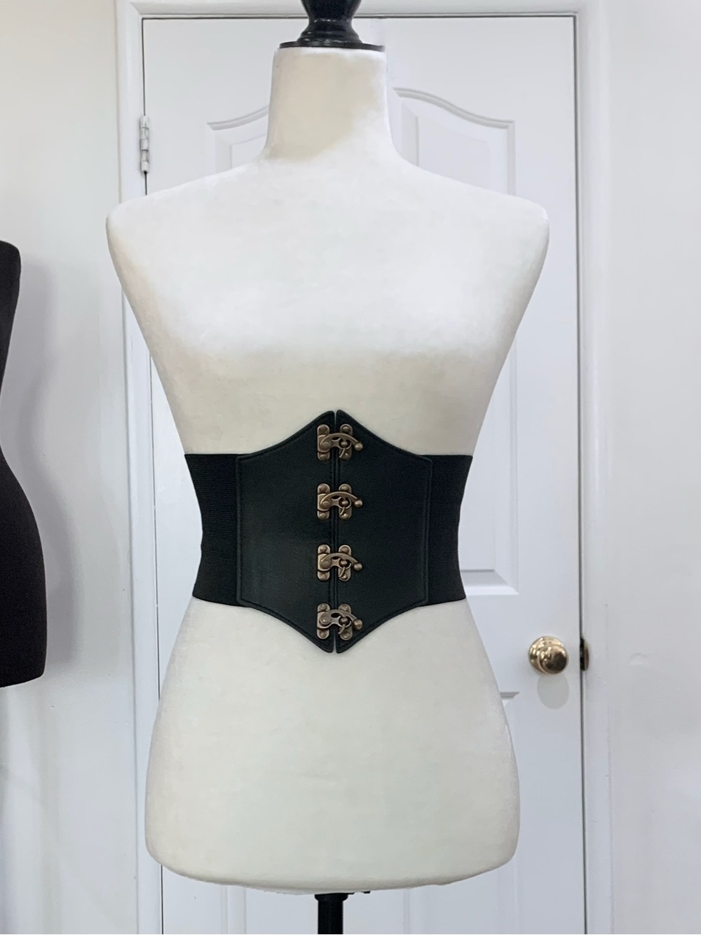 Vintage Black Wide Elastic Belt with Gold Hook Accents